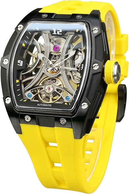 Men Automatic Watch with Mechanical Movement, Skeleton Dial Watches Yellow Band