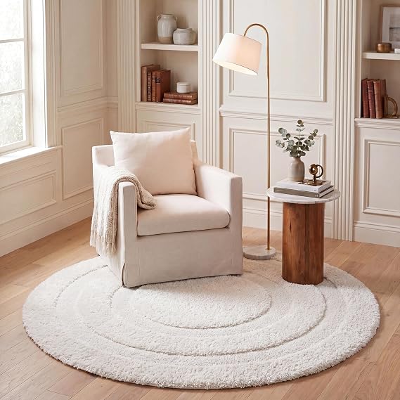 SAFAVIEH Florida Shag Collection Area Rug - 5' Round, Creme & Creme, Border Design, Non-Shedding & Easy Care, 1.2-inch Thick Ideal for High Traffic Areas in Living Room, Bedroom (SG454-1111)