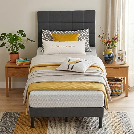 PayLessHere Twin Size Bed Frame with Upholstered Headboard,Dark Grey