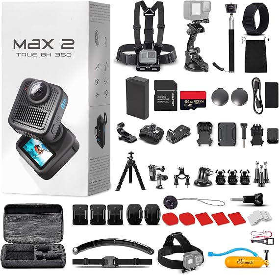 GoPro MAX 2 8K 360 Action Camera (MAX2) - Swappable Replaceable Lenses | HyperSmooth Stabilization | Waterproof 5m | POV Mode for Travel & Vlogging with 50 Piece Accessory Kit + 64GB Card + More