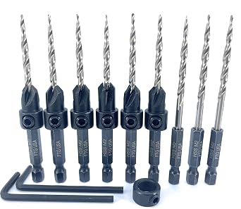 FTG USA 6 Pc #6 964 Wood Countersink Drill Bit Set, Pro Pack with 3 Replacement Bits, 1 Stop Collar, Hex Wrench
