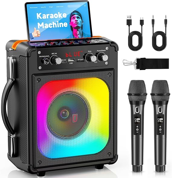 Karaoke Machine with 2 Mics for Adults, Deep Bass, Portable Party System