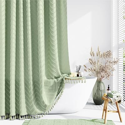 Dynamene Stall Fabric Shower Curtain, 36x72 inch Half Boho Tufted Chevron Striped Small Cloth Bathroom Shower Curtains, Narrow Thick Waterproof Polyester Shower Curtain Set with 6 Hooks, Sage Green