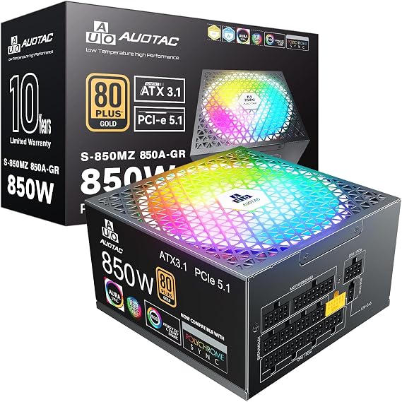 850W Fully Modular Power Supply, 80+ Gold PSU, ATX 3.1 & PCIe 5.1 Ready, Native Dual-Color 12V-2x6 Cable, RGB Low-Noise Smart Fan, 105C-Rated Capacitors, Black