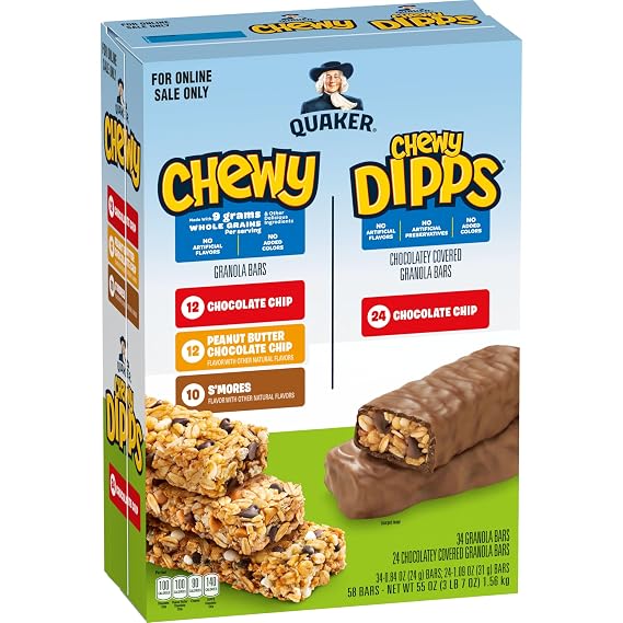 Quaker Chewy Granola Bars, Chewy & Dipps Variety Pack, (58 Bars), Whole Grains, No Artificial Flavors, No Added Colors