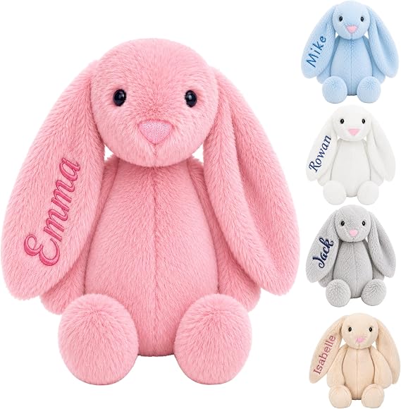 DreamBuy Personalised or Plain Plush Bunny Soft Toy, Grey, White, Pink or Beige, Custom Name Embroidery, Baby Gift for Easter (Pink)