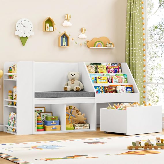 BOTLOG 49" Kids Reading Nook with Bookshelf, Rolling Drawers