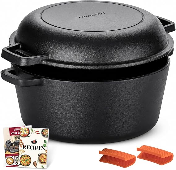 Overmont 5QT Double Dutch Oven - 2-in-1 Pre-Seasoned Cast Iron Pot & Recipe