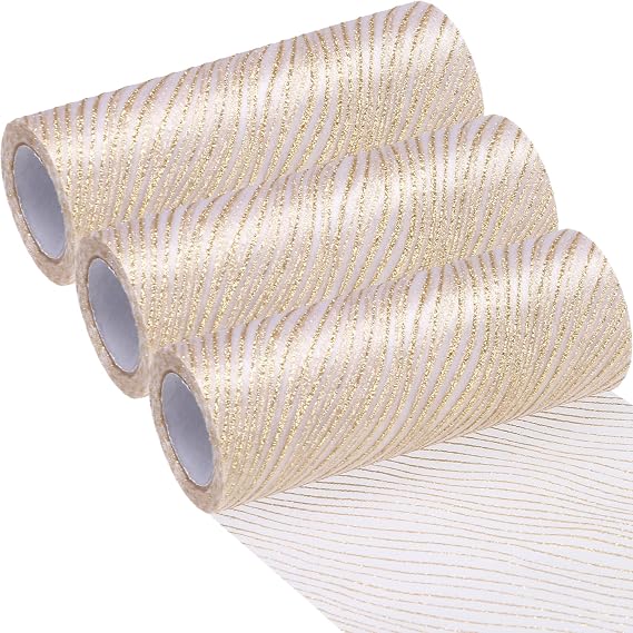 Sea Team Glitter Sheer Mesh Ribbon, 6-Inch, 10-Yard, 3-Pack, Champagne