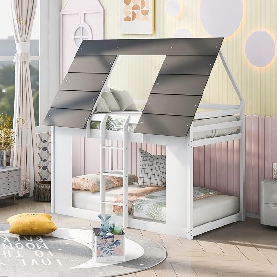 KLMM Twin Over Twin Bunk Bed for Kids, Wooden House Shaped Bunk Bed with Ladder/Window/Roof, Bedroom Furniture, Can be Decorated Tent