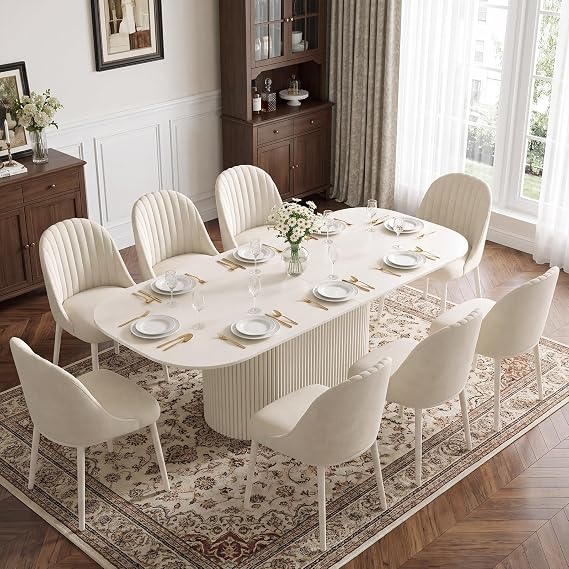 Guyii 220CM Oval Dining Table Set with 8 Chairs, 9 Piece Cream White Modern Kitchen Table Set, Indoor Rectangular Table for Dining Room, Kitchen, Apartment, Living Room, Easy Assembly