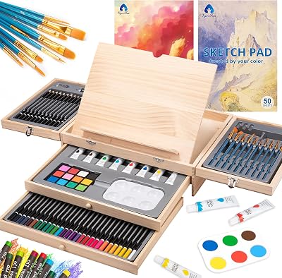Art Supplies, 85-Piece Art Set with Built-in Wooden Easel, Professional Art Kit in Portable Wooden Case, 2 Drawing Pad, Oil Pastels, Colored Pencils, Creative Gift for Teens, Beginners Girls Boys