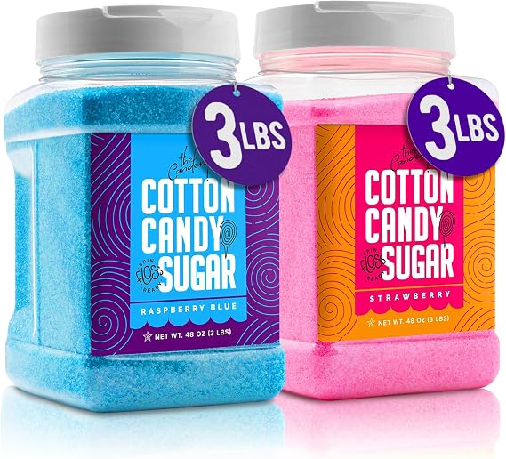 The Candery Cotton Candy Floss Sugar (2-Pack) Includes | Raspberry Blue and Strawberry | Plastic, Reusable Jars | Easy Pour Spout or Scoop | 3 LBS Jars