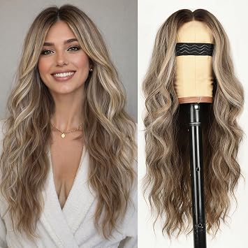 AISI HAIR Ash Blonde Balayage Wig for Women, Long Wavy Lace Hairline Middle Part Synthetic Heat Resistant Wig for Daily Party-26 Inch