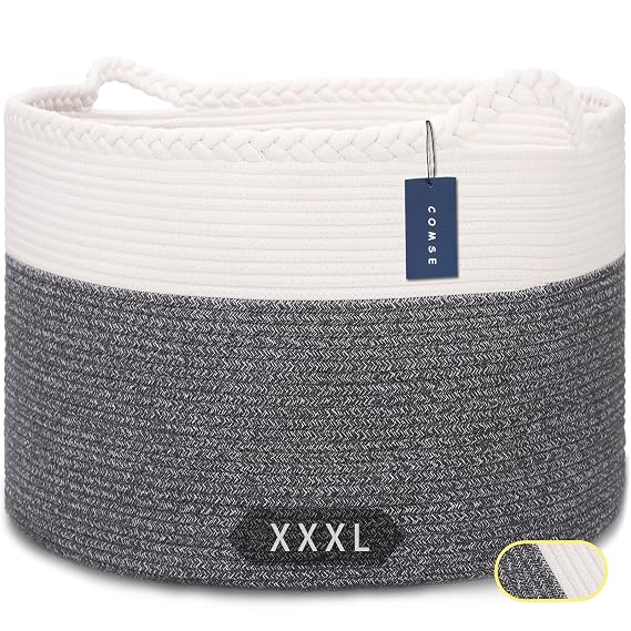 COMSE Large Woven Blanket & Laundry Basket, 87L, White & Black