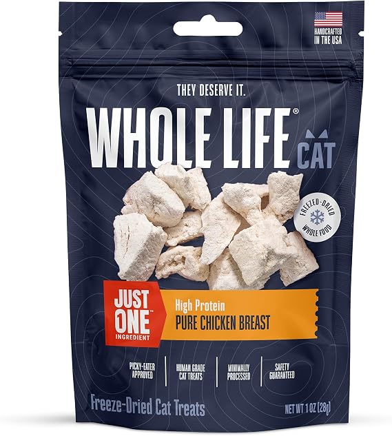 Whole Life Cat Just One Chicken Freeze Dried Cat Treats - Human Grade High Protein Food, Healthy Training Snacks, Freeze Dried Chicken Food Toppers, USA Made Natural Treats - 1 oz (Pack of 1)