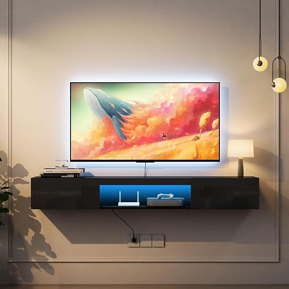Floating TV Stand Wall Mounted with 20 Color LEDs,63" Modern TV Stand,Floating TV Cabinet Entertainment Center for 55 60 65 Inch TV,Wood TV Console with Storage for Living Room, Bedroom -Black