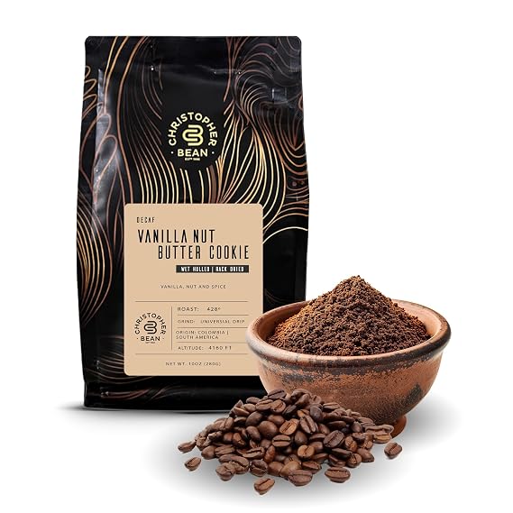Christopher Bean Coffee - Certified Kosher - Decaf Ground Vanilla Nut Butter Cookie Flavored Coffee| Coffee Beans with Medium Roast 100% Arabica, No Sugar, No Fats, Non-Gmo | 10-Ounce Bag