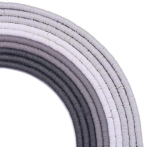BEEFLYING 10 Strands 4 Color 6mm Flat Round Polymer Clay Bead Strand Colorful Disc Heishi Bead Cylinder Clay Bead for DIY Hawaiian Craft Necklace Bracelet Making (Black & Grey)