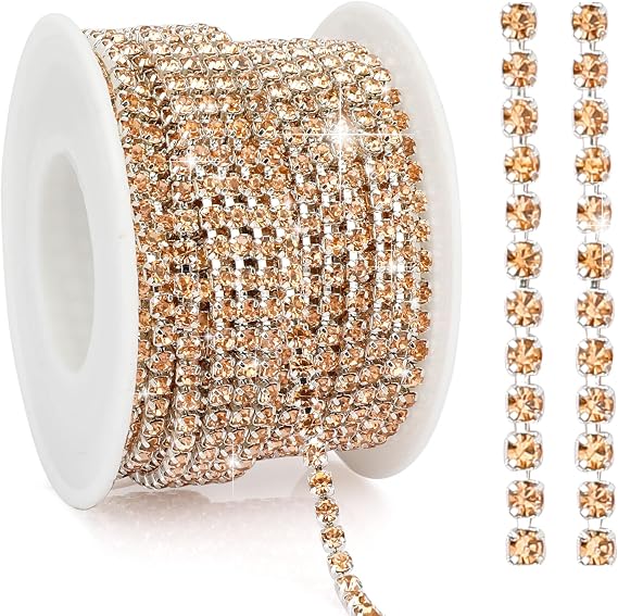 Rhinestone Chain 10 Yards Rhinestone Trim Champagne Bling Diamond Rhinestones Strips 3mm Glitter Bling Crystal Rhinestones Close Chains Claw Cup Chains Trim for Sewing DIY Crafting Jewelry Clothes