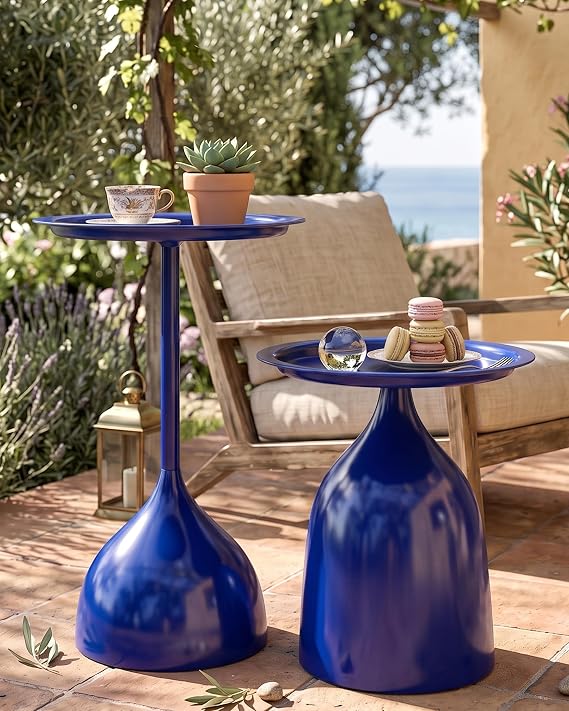 Set of 2 Side Tables Round Small Metal Coffee Table Modern Blue