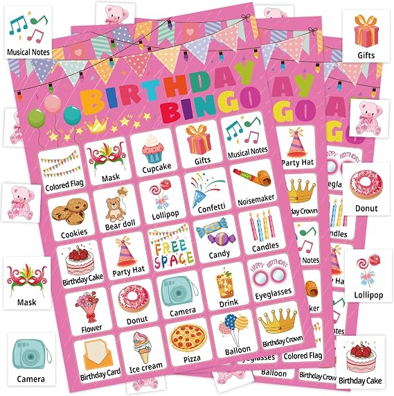 Birthday Bingo Game for Boys Girls Adults, 24 Players Birthday Bingo Cards Birthday Party Supplies Fun Birthday Party Bingo Game for School Classroom Family Birthday Holiday Party Activities