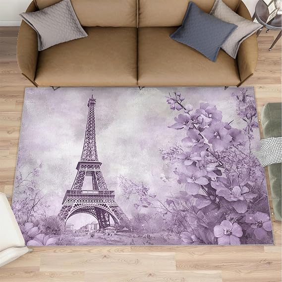 Lilac Rug, 3x4 Rugs for Bathroom, Eiffel Tower Design, Vintage Area Rug, Purple Flowers Washable Rugs for Bedroom, Romantic French Carpet, Fashion Home Decor