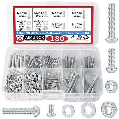 180PCS Nuts and Bolts Assortment Kit, Phillips Pan Head M3 M4 Carbon Steel Hardware Kit with Assorted Screws, Nuts, Bolts and Washers