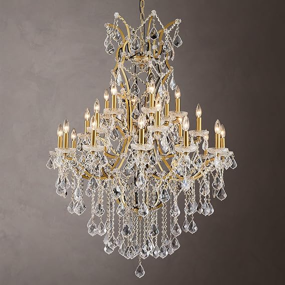 24 Lights Large Crystal Chandeliers for High Ceilings Brass Maria Theresa Chandelier Modern Chandelier Light Fixture for Foyer Living Room Hallway Entryway Staircase 55.1" H x 39.4" D