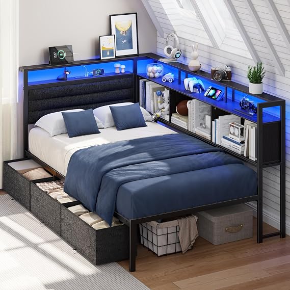 OURPIC - Corner Bed Frame with Storage Shelf and LED Lights, Twin Size Bed Frames with Upholstered Headboard and Charging Station, Twin Bed with 3 Drawers