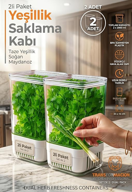 Transformacion Yeşillik Saklama Kabı - Taze Yeşillik İçin - Soğan Maydanoz vb Yeşillik Saklama 2 Lİ set 721957
