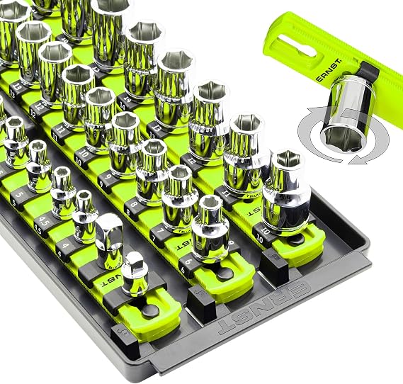 Ernst Manufacturing 8498HV 13-Inch Socket Boss, Premium 3-Rail Multi-Drive Socket Organizer, High Visibility - Made in USA