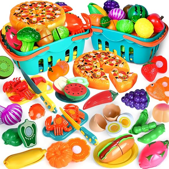 100 PCS Cutting Play Food Toy for Kids Kitchen, Pretend Food Toys for Toddlers, Play Kitchen Toys Accessories with 2 Baskets,Fake Food/Fruit/Vegetable, for 3 4 5 Years Old Boys Girls