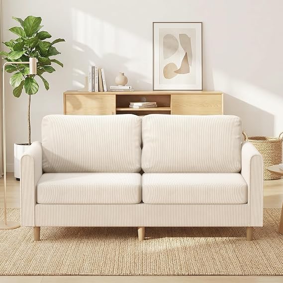 175cm 2 seater sofa - Comfortable Corduroy Couch with Spring Cushion, Solid Wood Frame & Deep Seat, Modern Small Sofa for Living Room, Bedroom, Beige