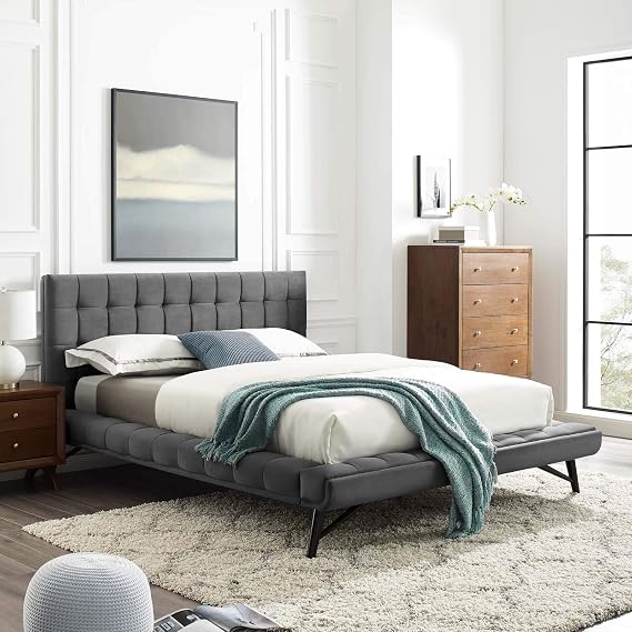 Modway Julia Mid-Century Biscuit Tufted Performance Velvet Queen Platform Bed in Gray