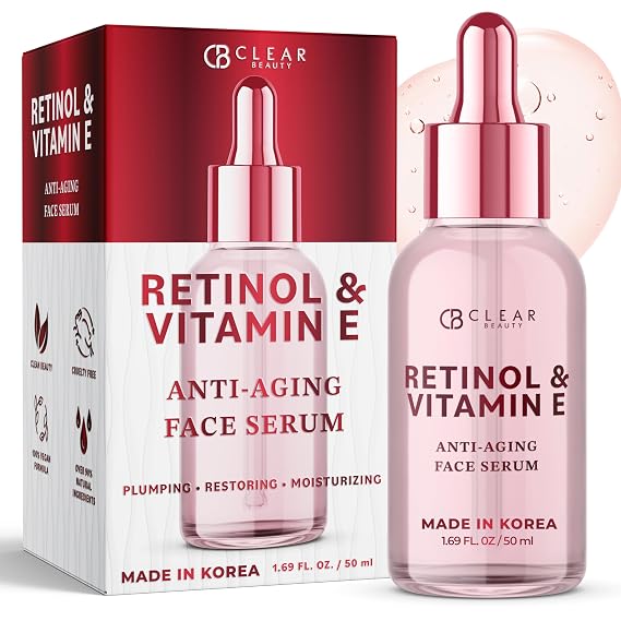 Clear Beauty Retinol Serum For Face with Vitamin E Dermatologist Tested Anti Aging Korean Skin Care , Deep Hydration, Smooths Fine Lines, Refines Texture Vegan, Clean Beauty 1.69 Fl Oz