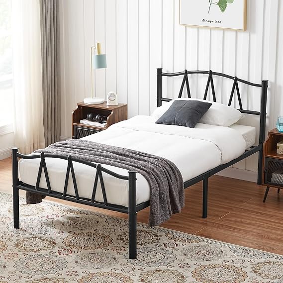 VECELO Twin Metal Platform Bed Frame with M Shape Headboard/Footboard/Mattress Foundation/Under Bed Storage/No Box Spring Needed