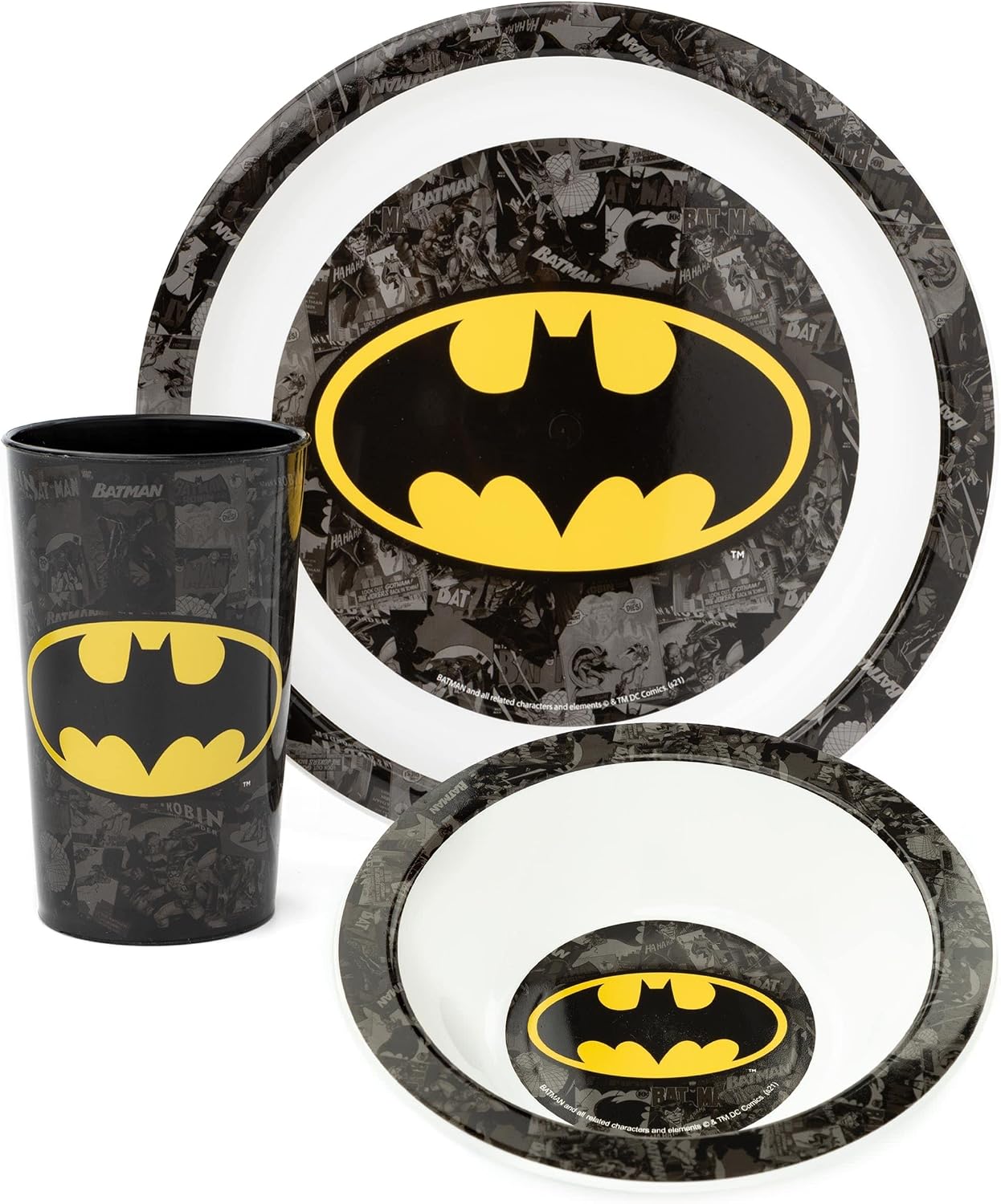 DC Comics Batman 3 Piece Dinnerware Set | Children Tableware PP Plate Bowl and Tumbler Cup | Comic Strip Superhero Logo | Boys Girls Black Yellow Merchandise