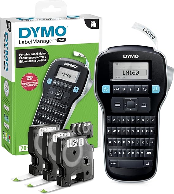DYMO LabelManager 160 Label Maker Bundle with 3 D1 Label Cassettes, Portable Handheld, QWERTY Keyboard, One-Touch Smart Keys, Large Display, Home & Office Organization