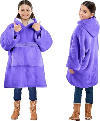 Solaris Wearable Blanket Hoodie for Kids - Warm Soft Gift, Oversized Cozy Sherpa Fleece Sweatshirt Pullover for Teens, Girls, Boys, Large Pocket, Purple