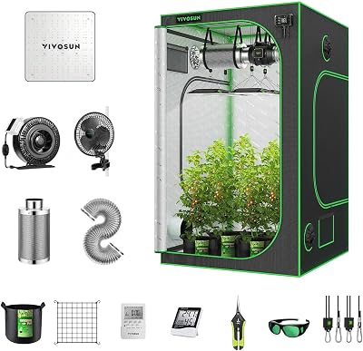 VIVOSUN GIY 4x4 Grow Tent Kit and AeroWave A6 Grow Tent Clip Fan, with VS1000 Led Grow Light 6 Inch 440CFM Inline Fan Carbon Filter and 8ft Ducting Combo, 48x48x80