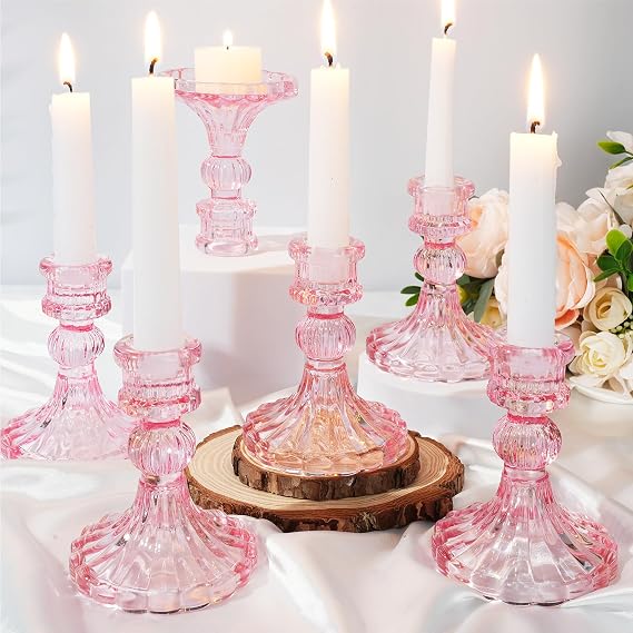 Maxcheck Set of 6 Glass Taper Candle Holders,Pink