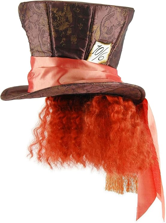Disney Mad Hatter Costume Hat with Attached Red Hair - Adjustable Size with Coral Scarf, Officially Licensed