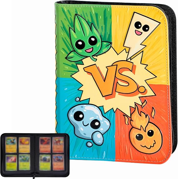 3D Card Binder for Pokemon - Stunning 3D Raised Pk Types Design in PU Leather with Zipper - Includes 4 Pocket Pages for 160 Cards. Great Sleeve Album/TCG Holder/Trading Card Collection Book Gift.
