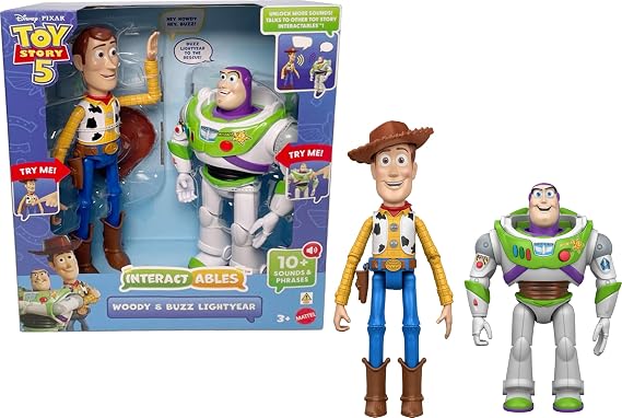 Mattel Disney and Pixar Toy Story 5 Interactables Woody & Buzz Lightyear | 12-inch Figures, Movie Phrases & Converse with Each Other, Posable