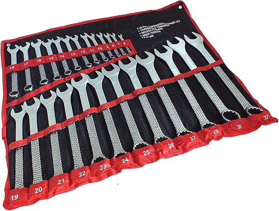 25 Piece Drop Forged Metric Combination Wench Set | 6mm-32mm Open and Ring Spanners with Tool Storage Roll