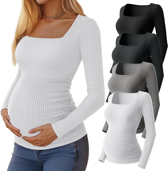 Huukeay 4 Pack Women's Maternity Shirts Ribbed Pregnancy Tops