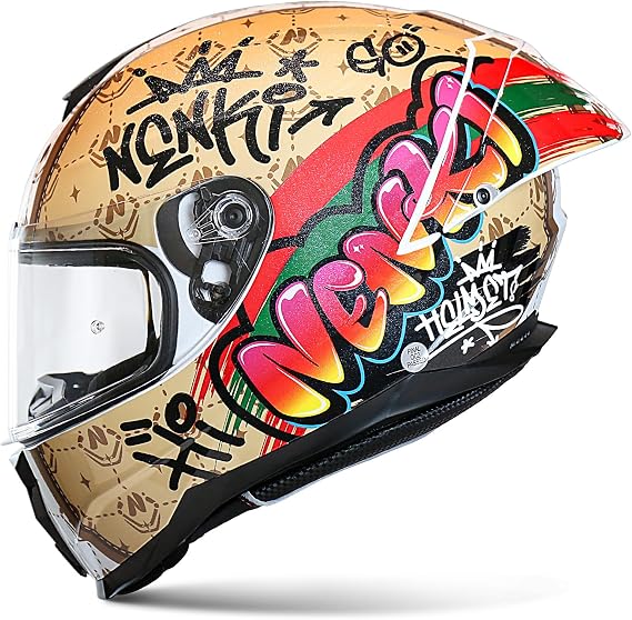 Motorcycle Helmet Full Face Street Motorbike Helmet with Tail Wing Design Noise Reduction with Anti-Fog Pin Visor for Adult DOT Approved (Graffiti Brown, X-Large)