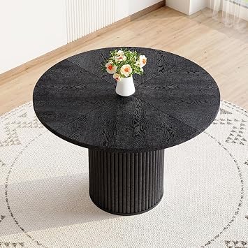 Round Dining Table for 4-6, Black Dining Table with 42'' Wood Tabletop and Cylindrical Pedestal Base, Circle Dinner Table for Kitchen&Dining Room