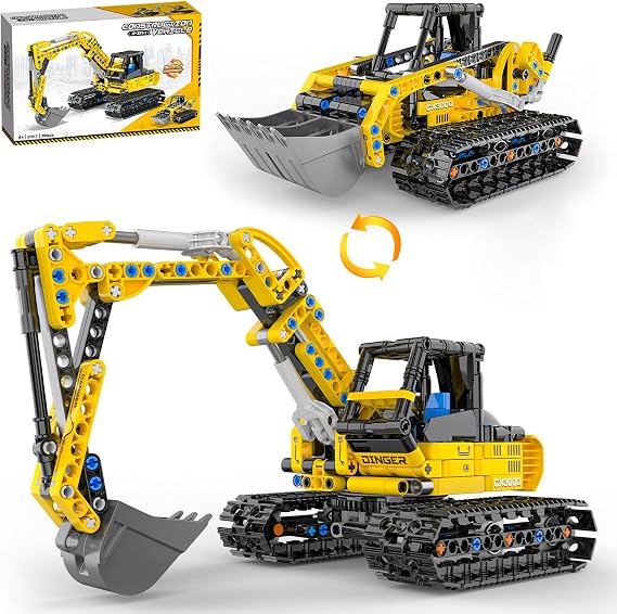 2-in-1 Excavator & Backhoe Loader Building Set for Boys Age 8-12